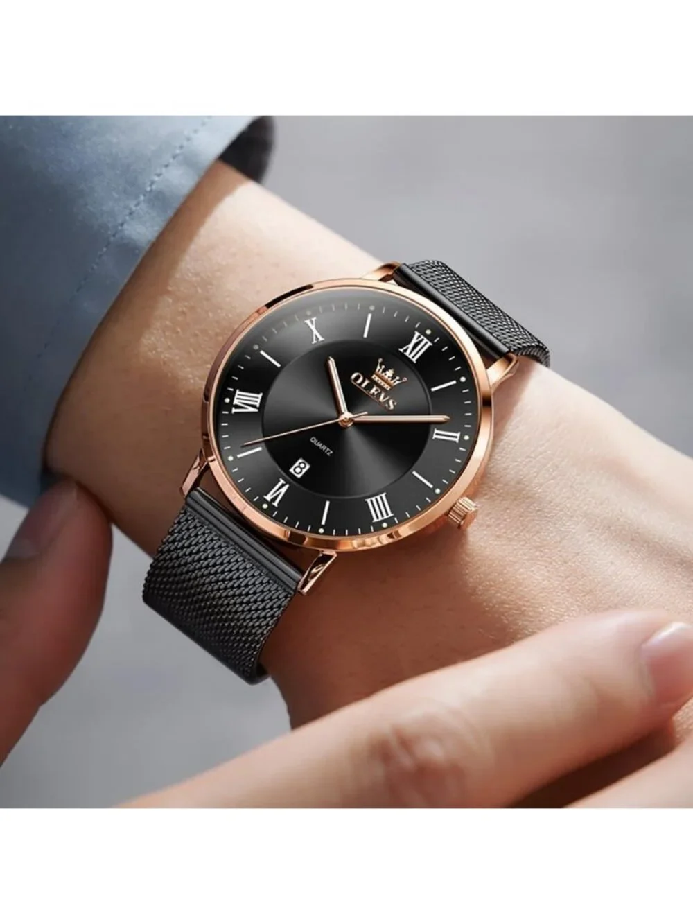 Men's Rose Gold Black Analog Quartz Mesh Strap Luxury Luminous Waterproof Watch